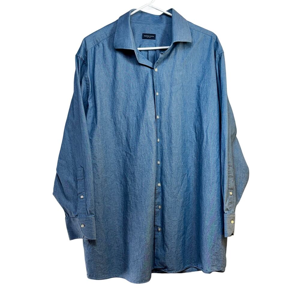 Proper Cloth Blue Indigo Chambray Dress Shirt Collar 18.5 Sleeve 34.5 Cotton Men